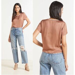 NATION LTD Marie Sateen Chocolate Brown Satin T-Shirt, Sz XS